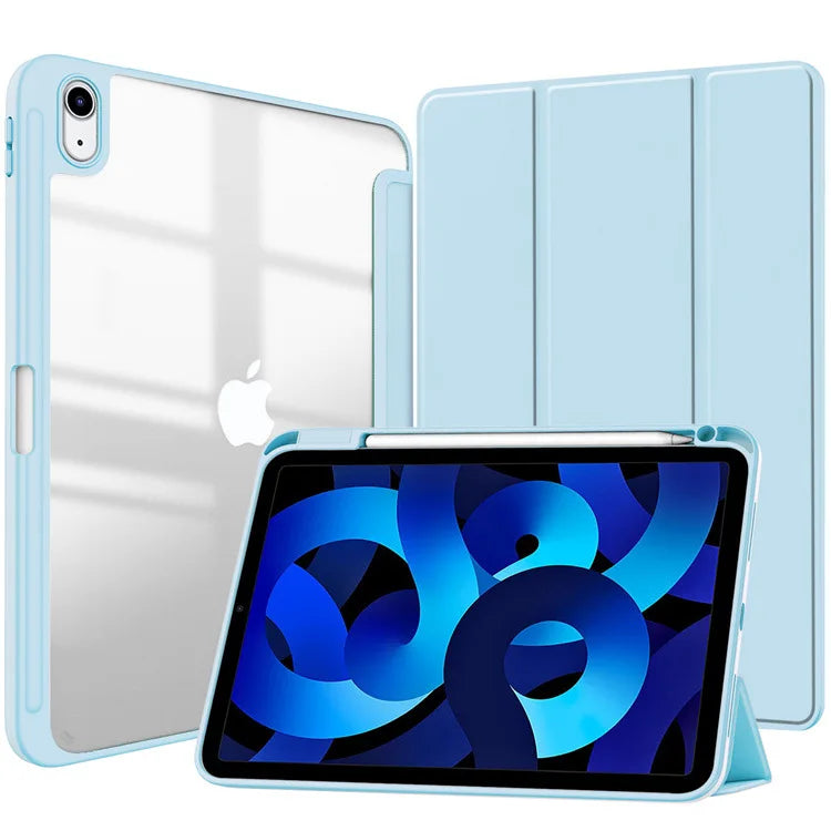 A light blue multi-device protective case for an iPad, shown with the tablet and a matching folio cover.