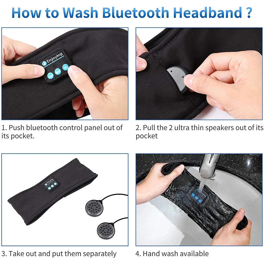 Instructions showing how to wash a Bluetooth headband by pulling out the speakers and hand washing the product.