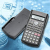 A black scientific calculator with a keypad and display is shown on a blue digital background.