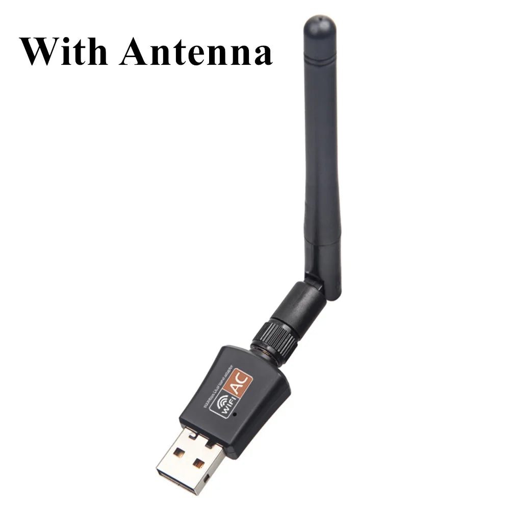 Black dual-band USB Wi-Fi adapter with an antenna attached