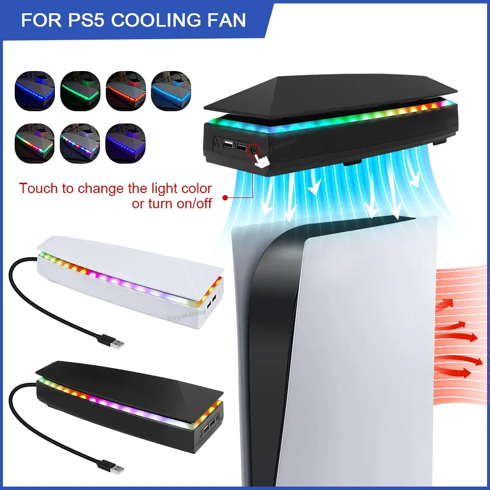 An RGB gaming cooler fan is shown with various light colors and a cable, demonstrating its cooling function.