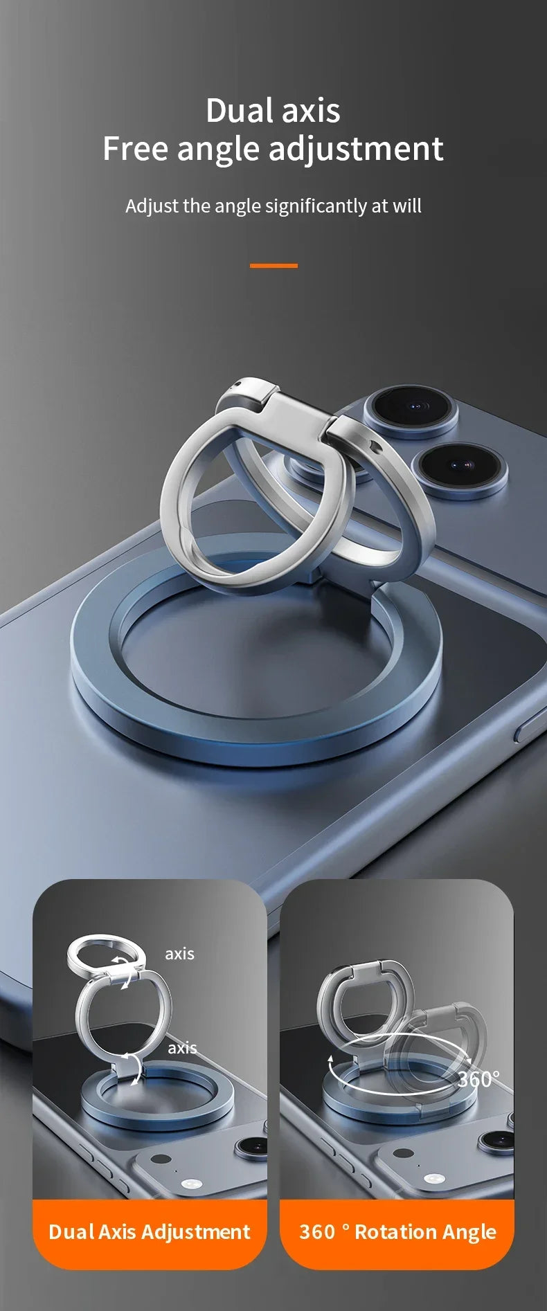 A dual axis magnetic phone stand showing free angle adjustment and 360 degree rotation capability.