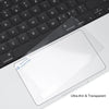 A clear, ultra-thin trackpad protector is shown placed on a MacBook keyboard.