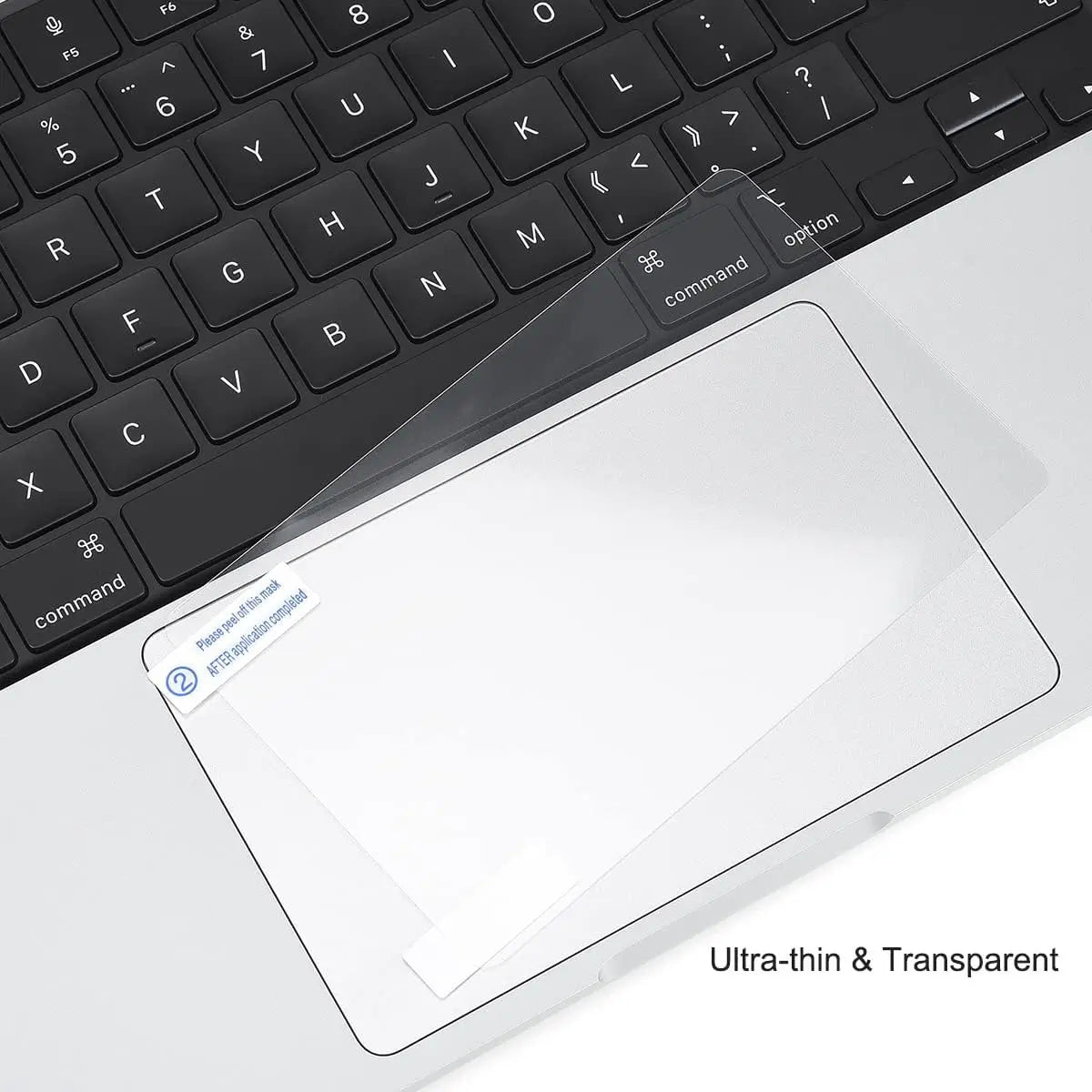 A clear, ultra-thin trackpad protector is shown placed on a MacBook keyboard.