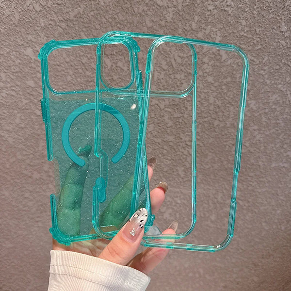 A clear teal shockproof magnetic case with a glitter finish for an iPhone is held in a hand.
