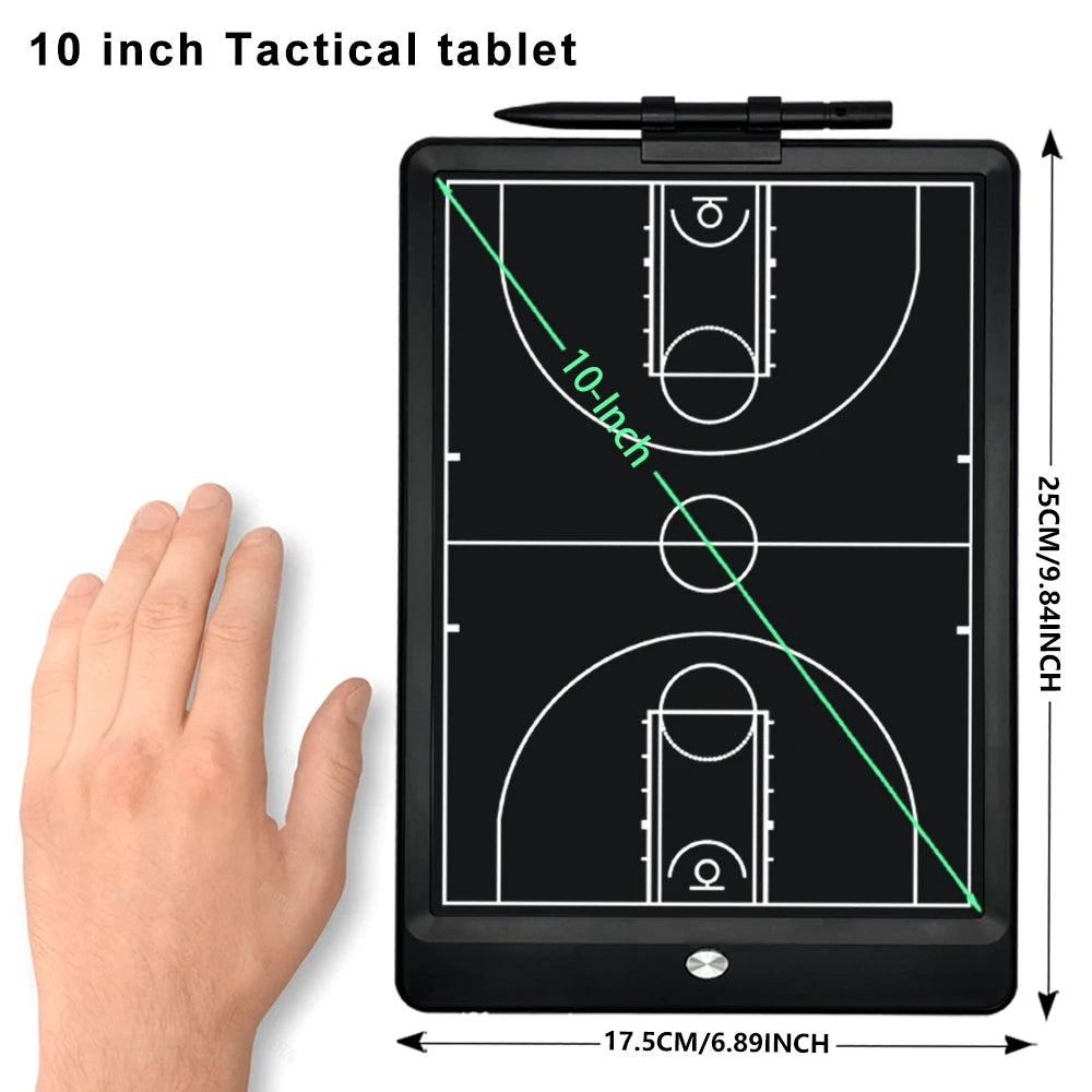 A 10 inch tactical tablet showing a basketball court diagram with lines indicating measurements.