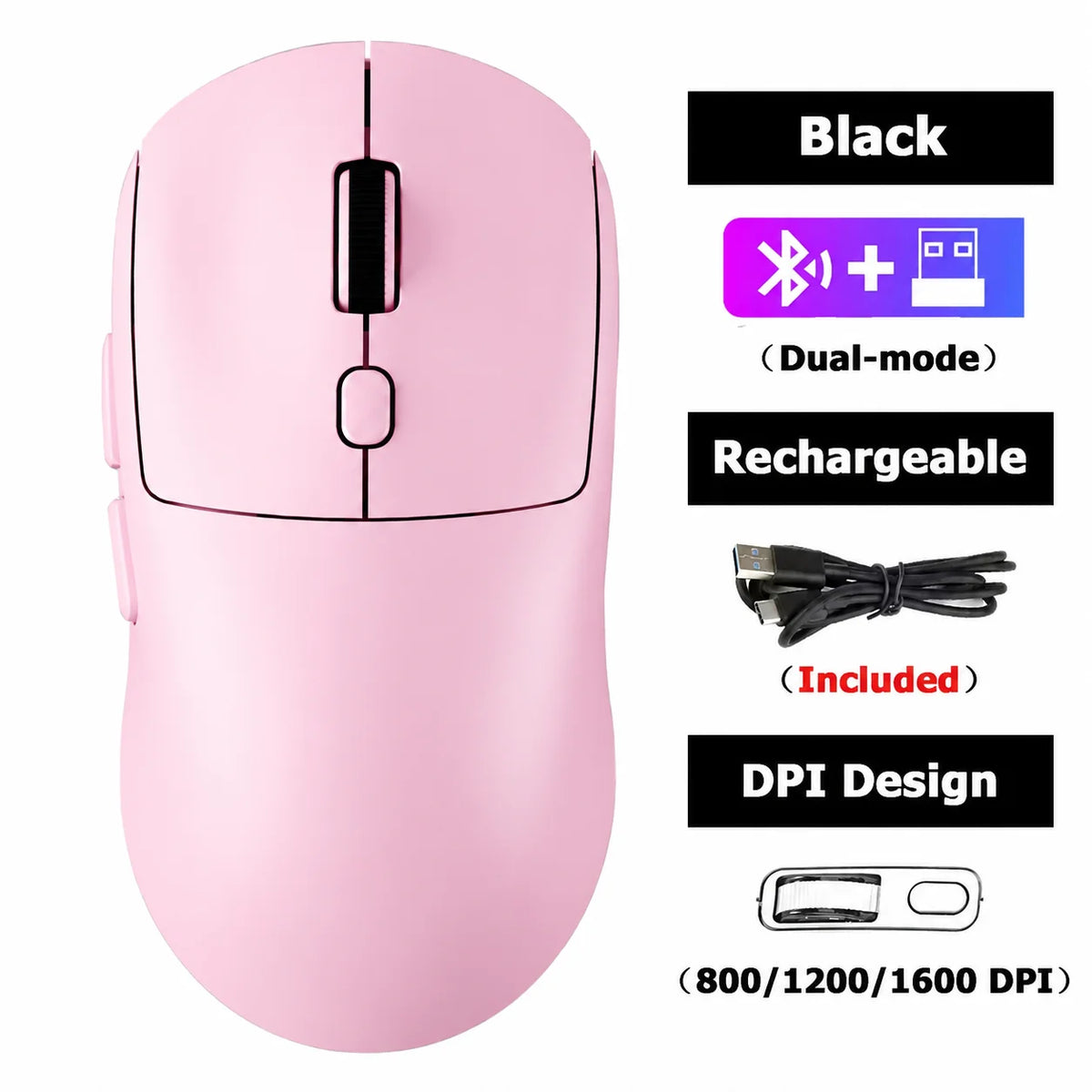 Souris sans fil rechargeable rose double mode avec accents noirs et réglages DPI