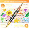A brown glitter acrylic paint marker with a brush tip is shown next to colorful floral and star designs.