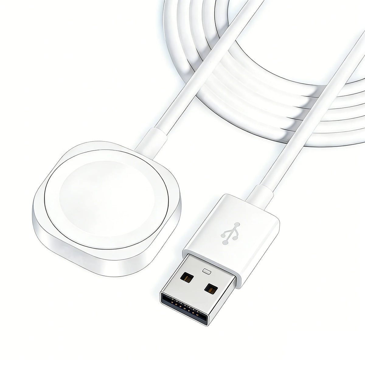 A white magnetic USB to Type-C watch charging cable with a round charging base and a flexible wire.