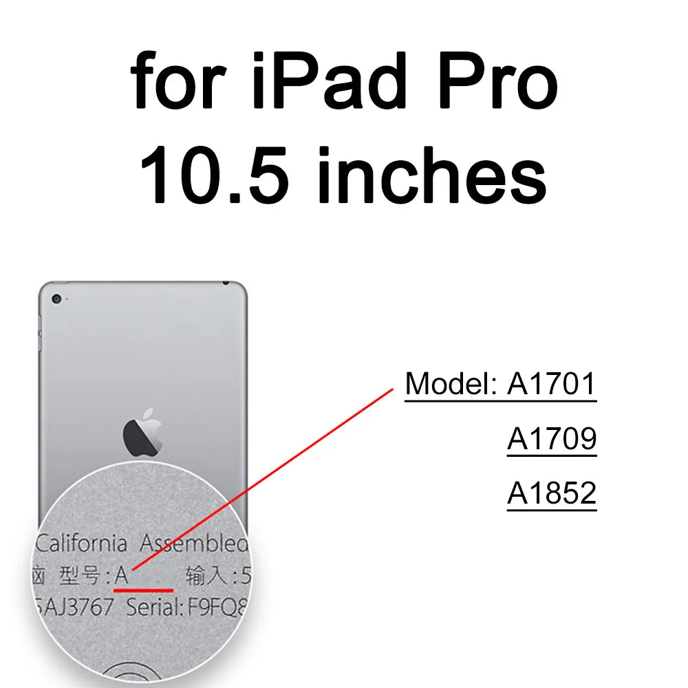A close-up view of an iPad Pro 10.5 inches model with Apple logo and model numbers A1701, A1709, and A1852.