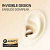 Close-up of a white earbud inside a human ear, demonstrating an invisible design for wireless earbuds.