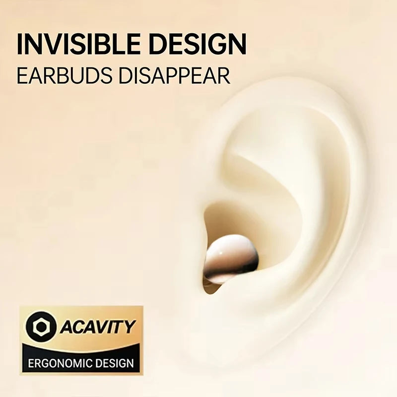 Close-up of a white earbud inside a human ear, demonstrating an invisible design for wireless earbuds.