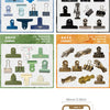 A collection of vintage clip themed stickers for journaling and scrapbooking featuring various metal clips in different color