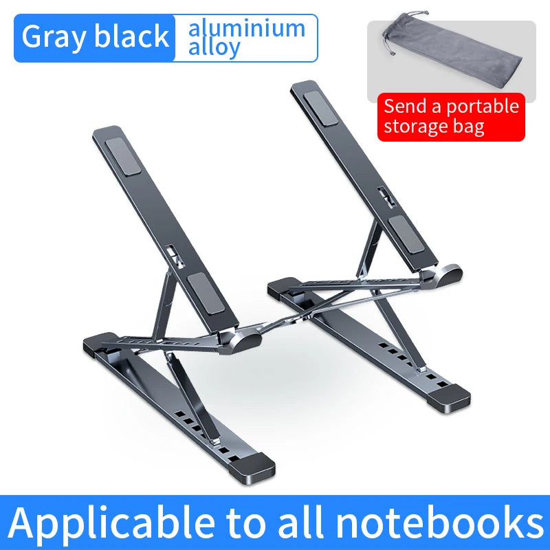 A black aluminum laptop stand with adjustable arms, suitable for all notebooks.