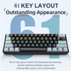 A close-up view of a compact wired mechanical keyboard with RGB lighting, featuring a 61 key layout.