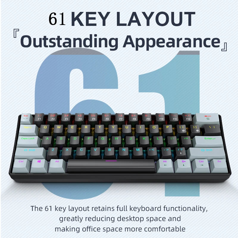 A close-up view of a compact wired mechanical keyboard with RGB lighting, featuring a 61 key layout.