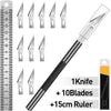 A precision craft knife set showing 11 stainless steel blades and a 15cm steel ruler.