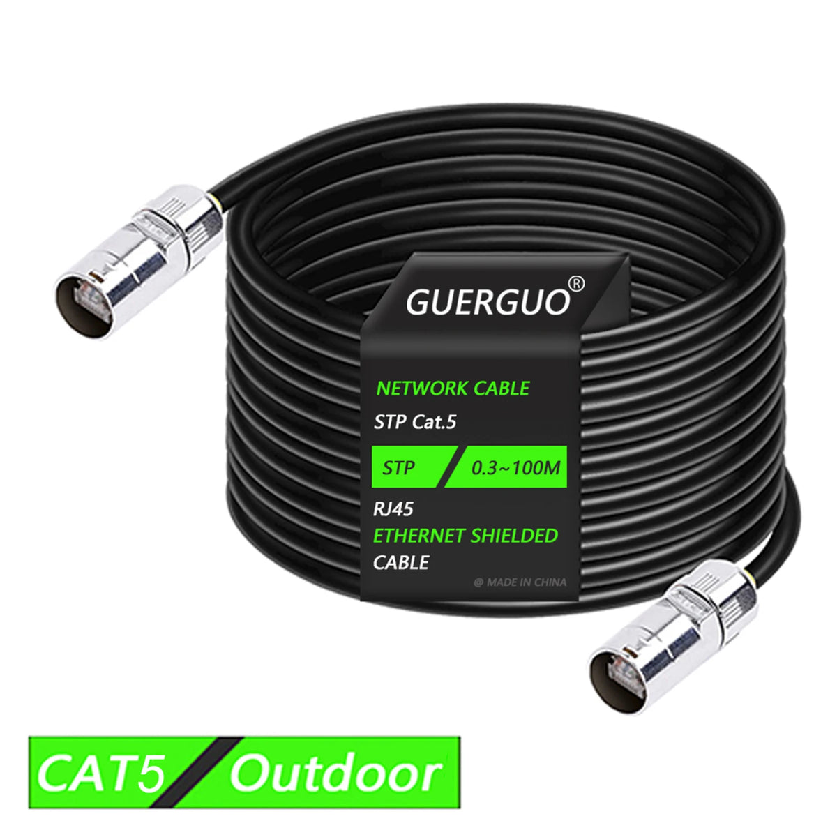 Black coiled Ethernet cable with silver connectors, labeled as GUERGUO Network Cable STP Cat.5 for outdoor use.