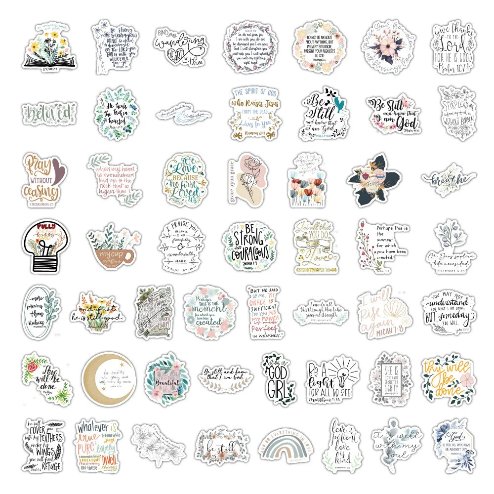 Sammlung dekorativer Vinyl-Sticker mit inspirierenden Zitaten und Blumenmotiven für Laptops, Autos und mehr
