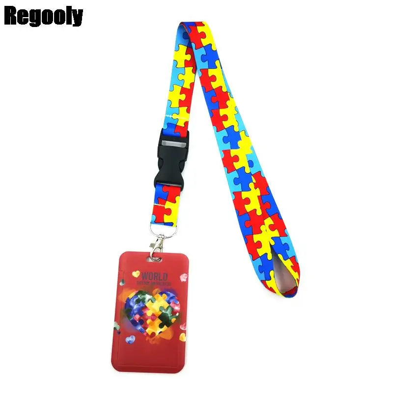 Buntes Puzzle-Teil-Muster-Lanyard mit Schlüsselring, geeignet für ID-Karten und Handys.
