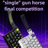 A black and white Furycube magnetic switch mechanical keyboard is shown with a yellow keycap, set against a purple background