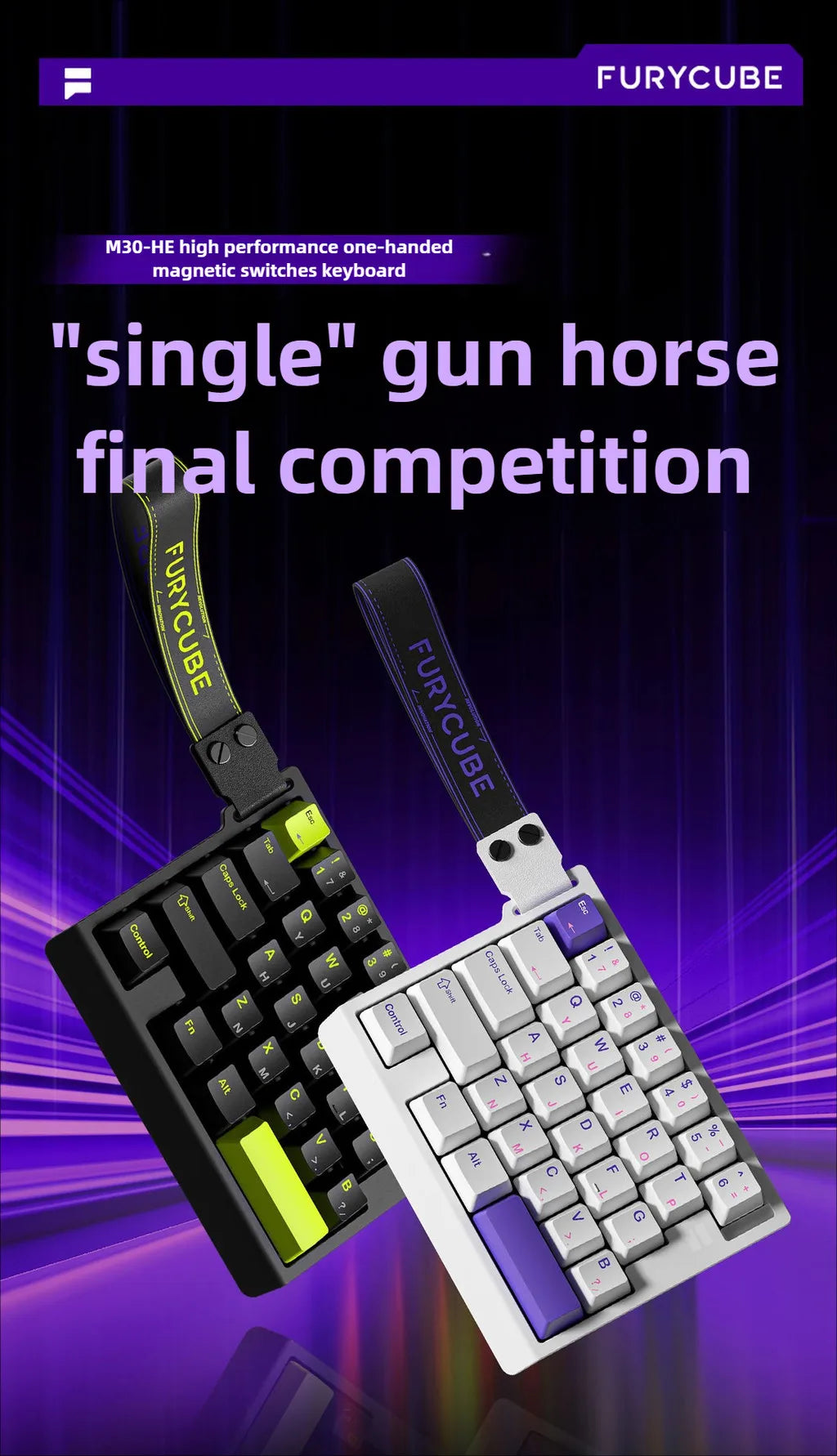 A black and white Furycube magnetic switch mechanical keyboard is shown with a yellow keycap, set against a purple background