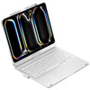 A white laptop with a black keyboard and trackpad is shown, featuring a rotating display effect.