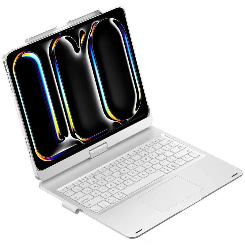 A white laptop with a black keyboard and trackpad is shown, featuring a rotating display effect.