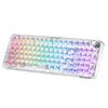 Transparent wireless mechanical keyboard with RGB lighting and a knob.