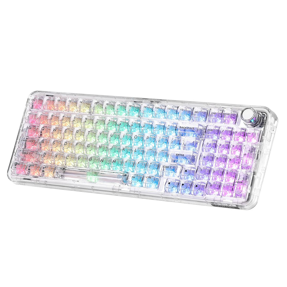 Transparent wireless mechanical keyboard with RGB lighting and a knob.