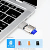 قارئ بطاقات USB-C فضي مع موصل أزرق وبطاقات ذاكرة مختلفة بجانبه.
