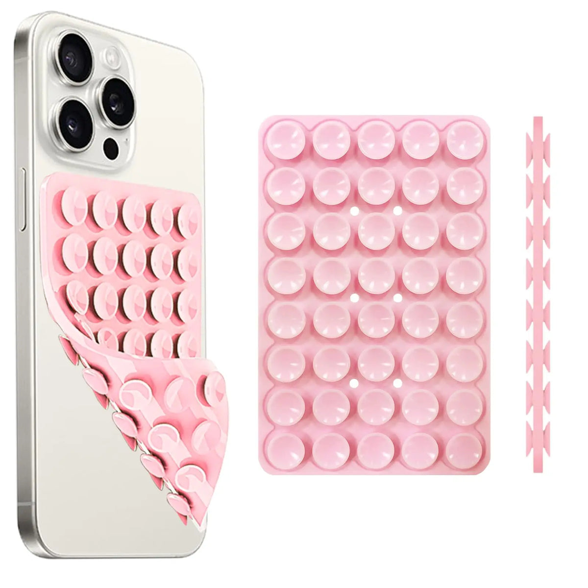 A silicone suction cup phone holder in pink, shown with a smartphone and a separate pink silicone mold.
