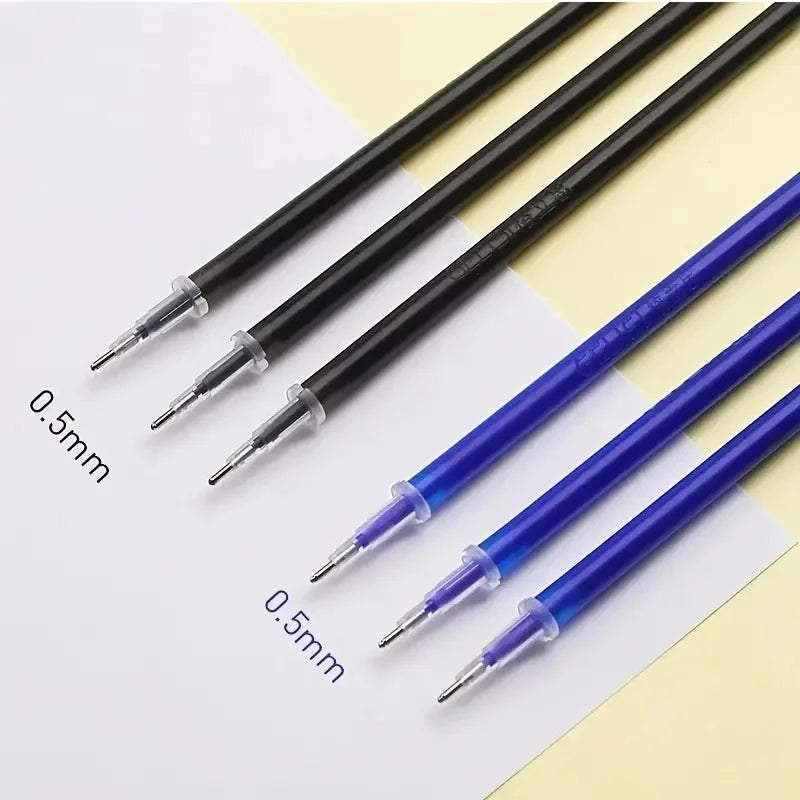A set of black and blue Panda erasable gel pens with 0.5mm tips displayed on white paper.