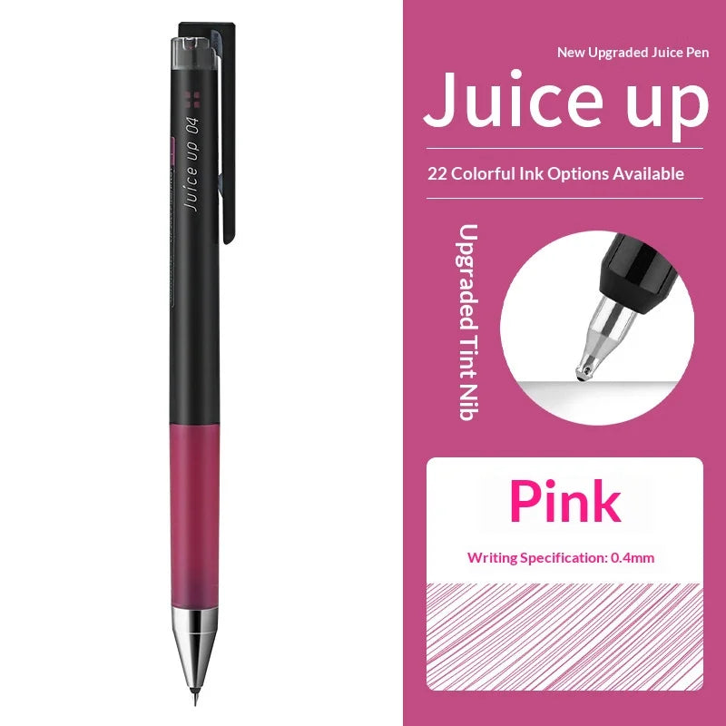 A black and pink Pilot Juice Up fine point gel pen is shown next to text detailing ink options.