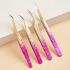 A set of precision eyelash extension tweezers featuring a gradient finish with pink and gold tones.
