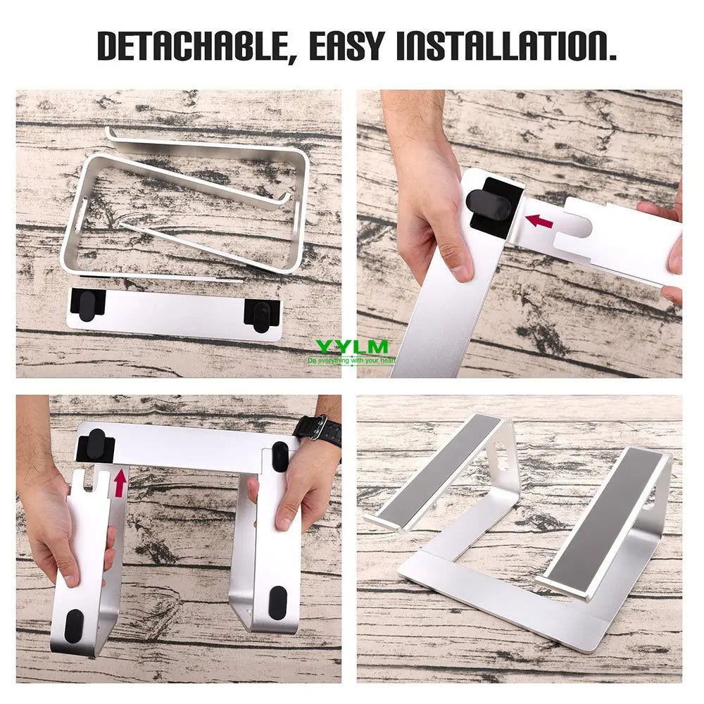 Demonstration of a detachable aluminum alloy laptop stand showing various installation methods and angles.