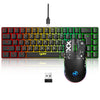 A black mechanical keyboard with RGB backlighting and a matching gaming mouse are displayed on a white surface.