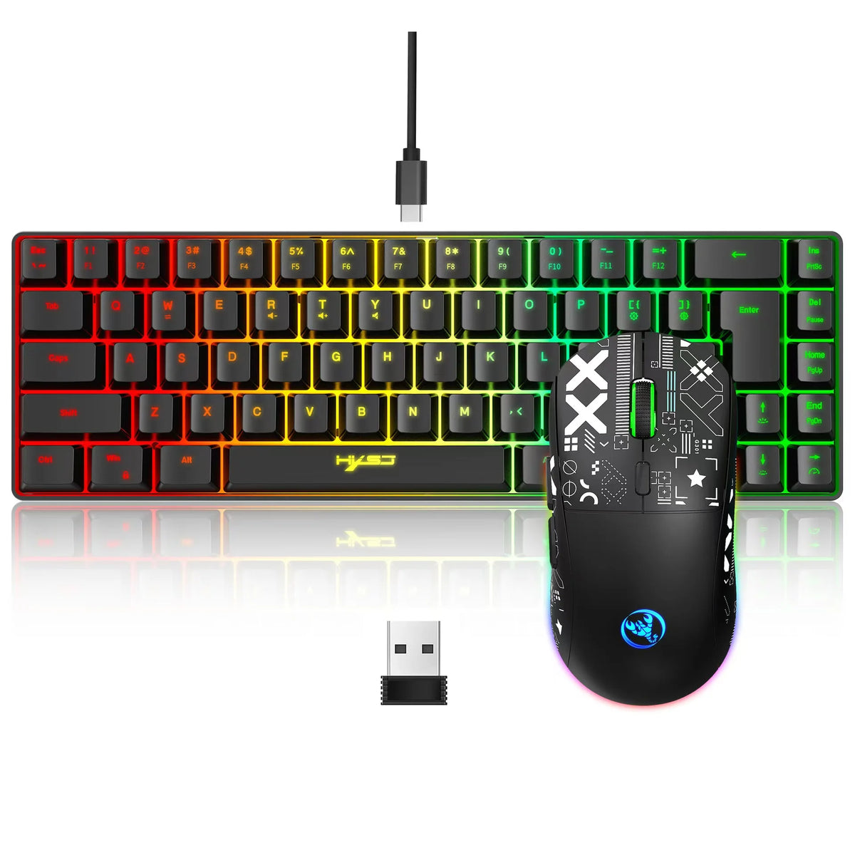 A black mechanical keyboard with RGB backlighting and a matching gaming mouse are displayed on a white surface.