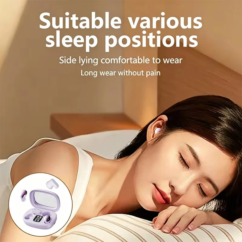 A woman is shown using 4-in-1 wireless Bluetooth sleep earbuds while lying down.