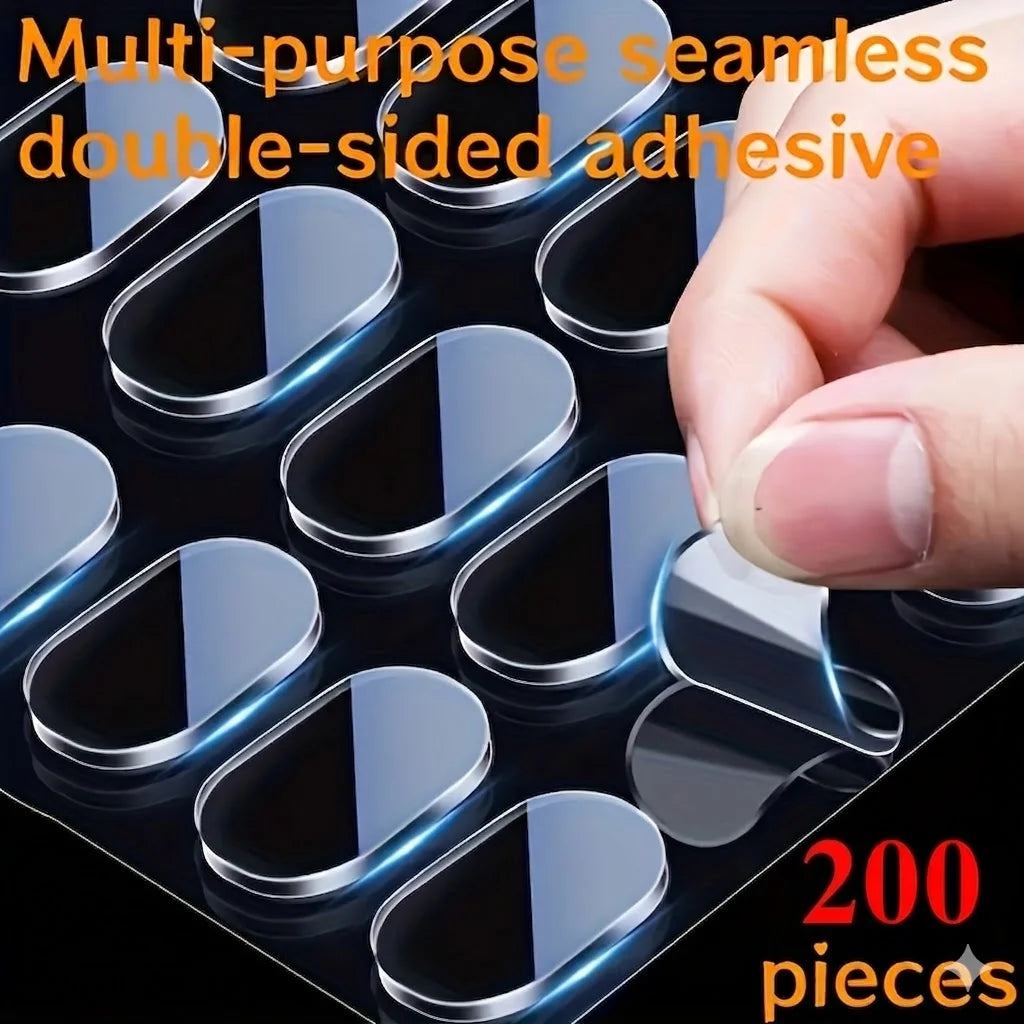 A hand is applying multi-purpose seamless double-sided adhesive pieces onto a dark surface.