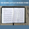 An open music score folder displaying sheet music on a black stand.
