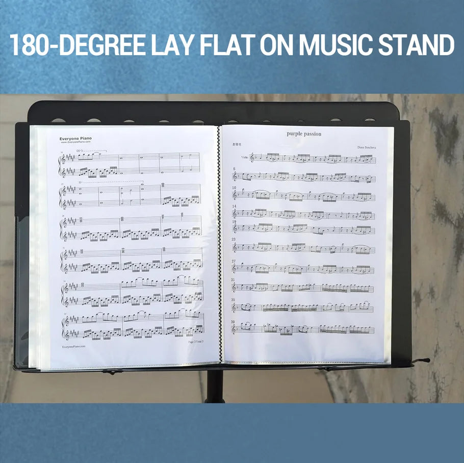 An open music score folder displaying sheet music on a black stand.