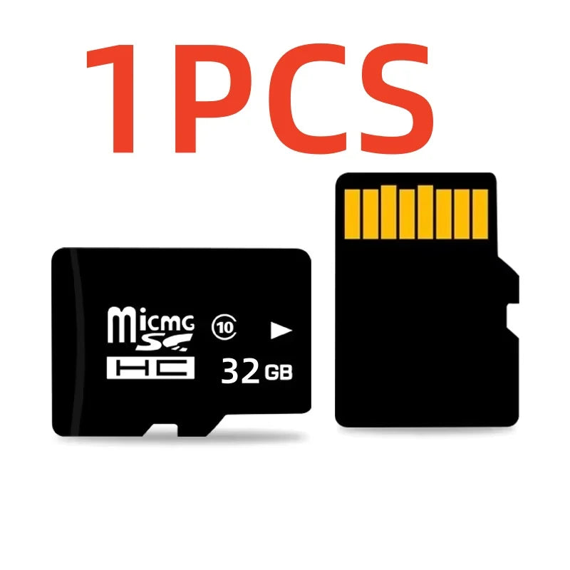 One piece of a black MicroSD memory card with a yellow contact tab, labeled 32 GB.