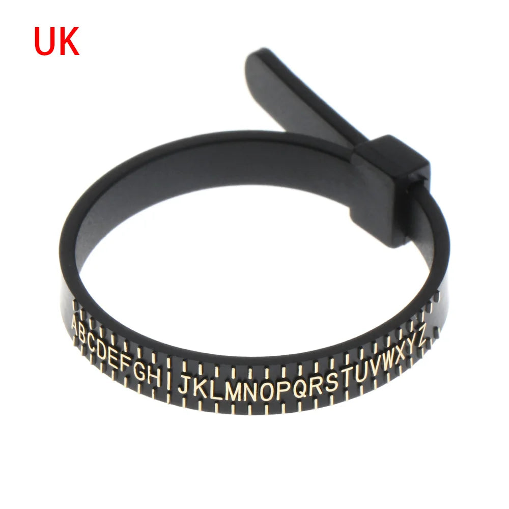 Black precision ring sizer and gauge tool with a flexible band and adjustable mechanism.