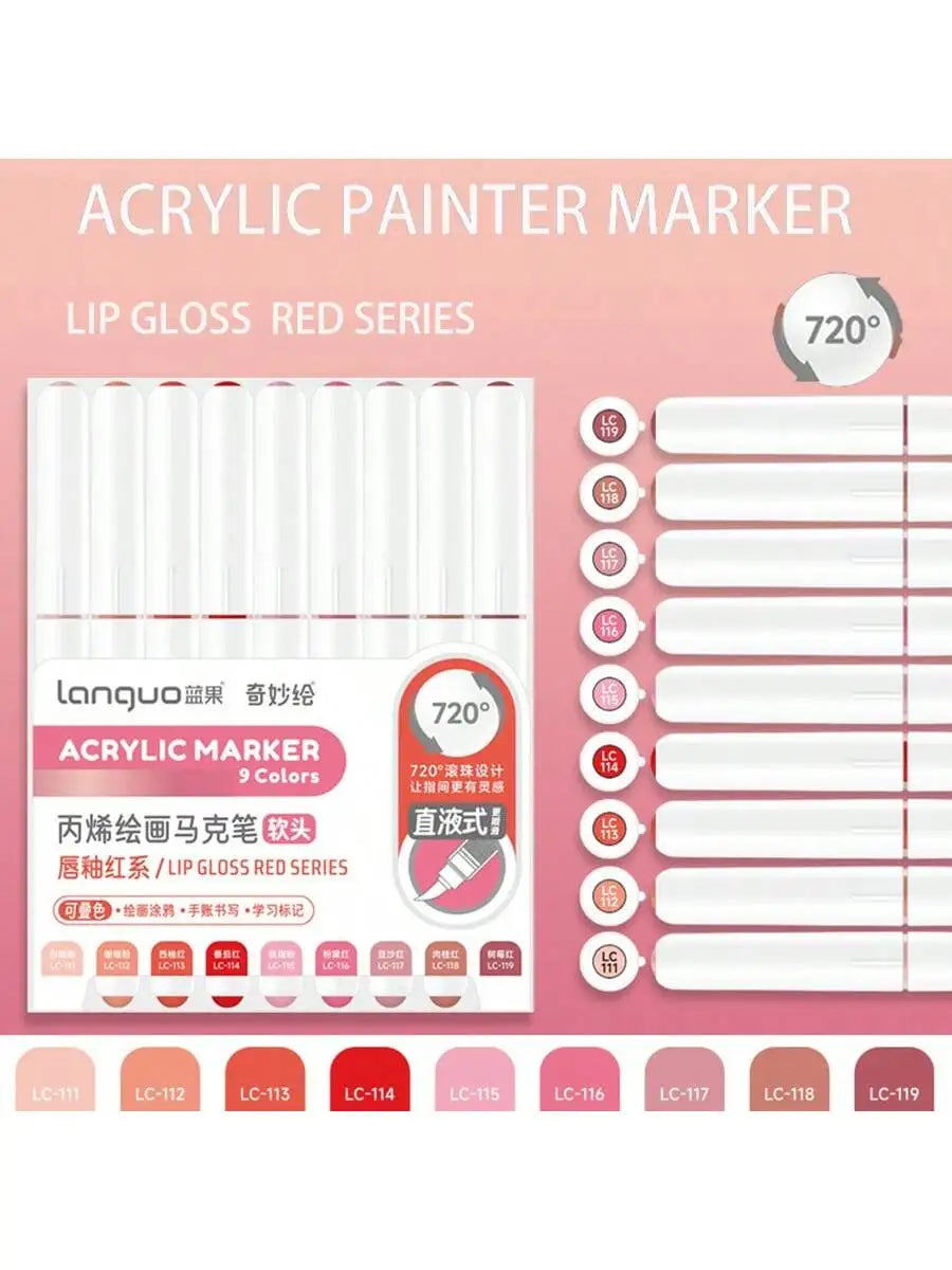 A set of 9 colors of acrylic paint markers in the lip gloss red series with a 720 degree tip for drawing and art