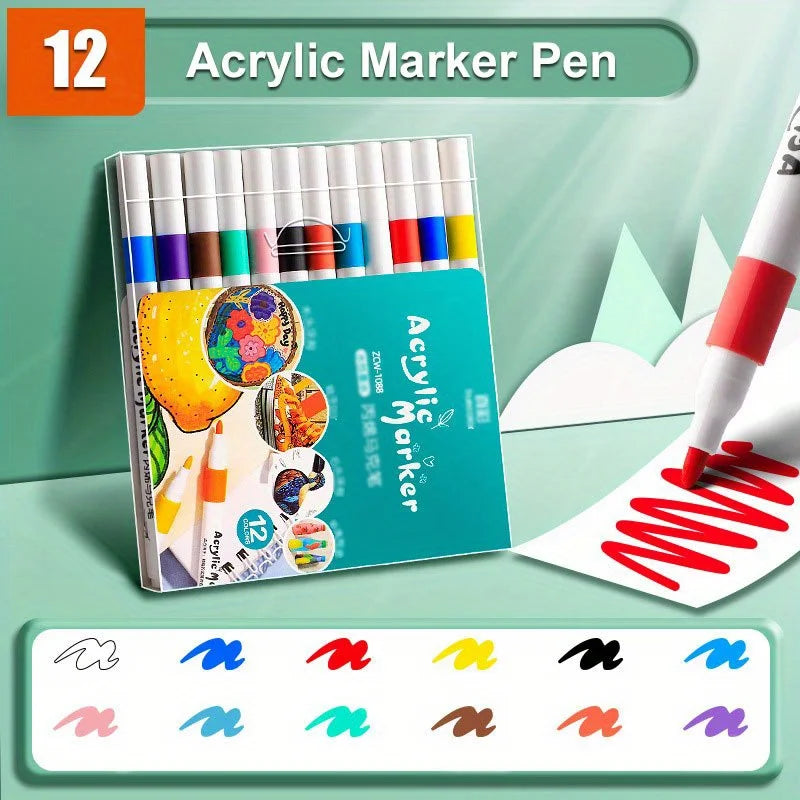 Ein Set von 12 professionellen Acrylmarker-Stiften in verschiedenen Farben, präsentiert in einer Plastikbox.