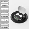 A pair of white wireless earbuds resting on a black charging case with an LED display.