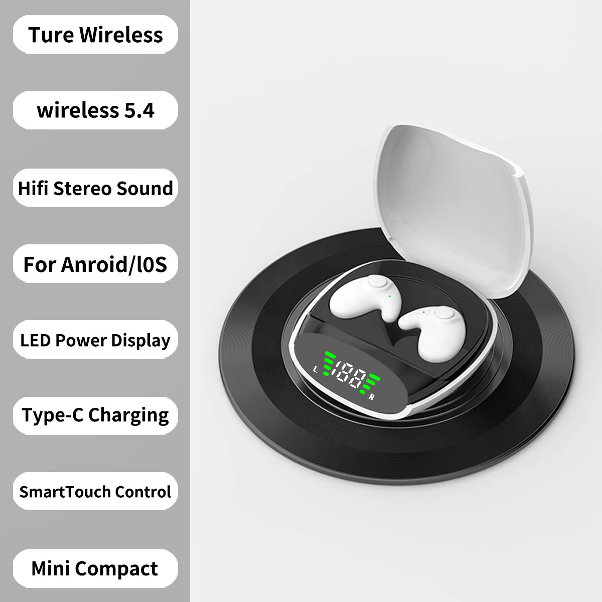 A pair of white wireless earbuds resting on a black charging case with an LED display.