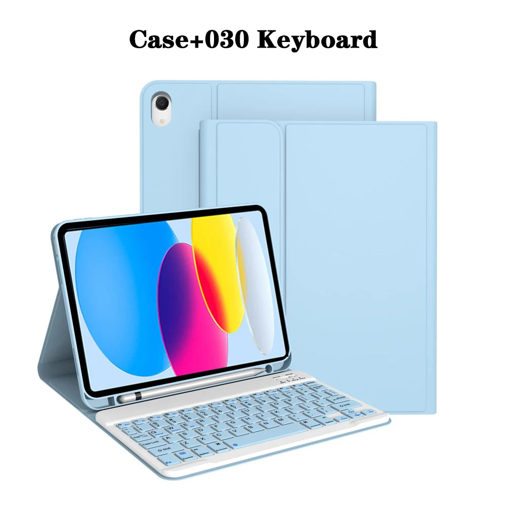 Estuche de teclado desmontable azul claro para iPad, mostrando la tableta y un teclado a juego.