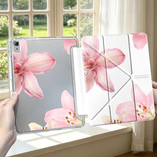 Klare Blumen-Stift-Aufbewahrung für ein Tablet mit rosa und weißen Orchideen-Designs.